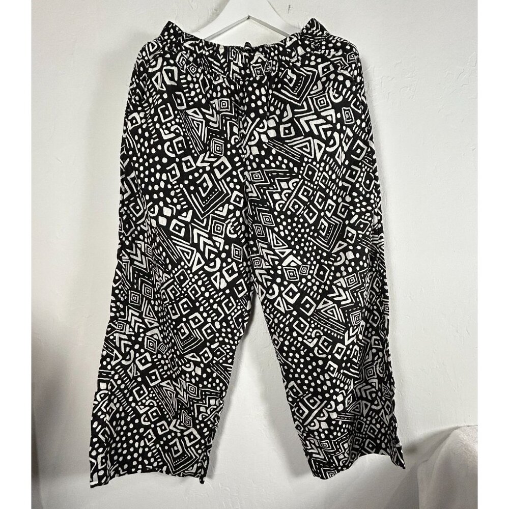 Tahari Womens Black & White Geometric Print Linen Cropped Pants Large Wide-Leg